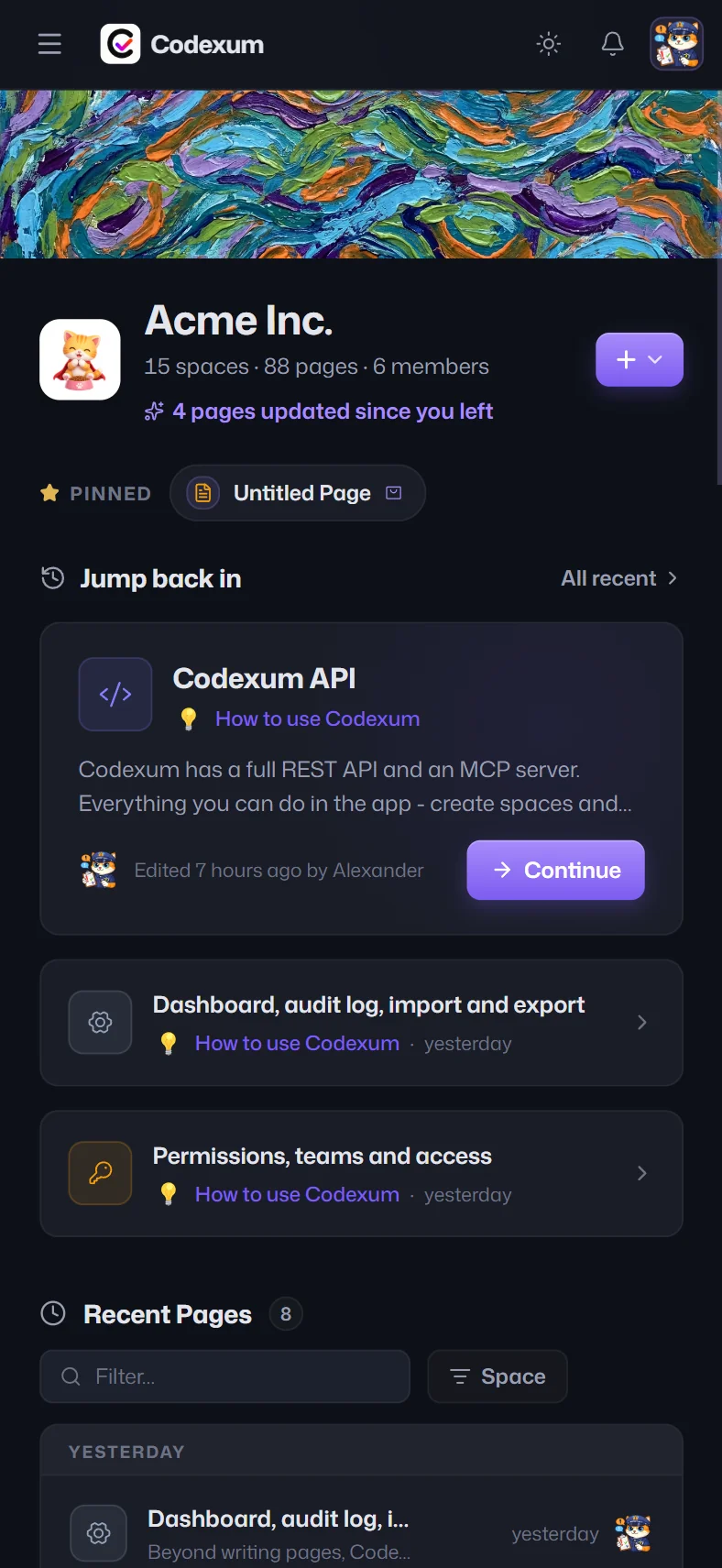 Codexum on a phone in dark theme