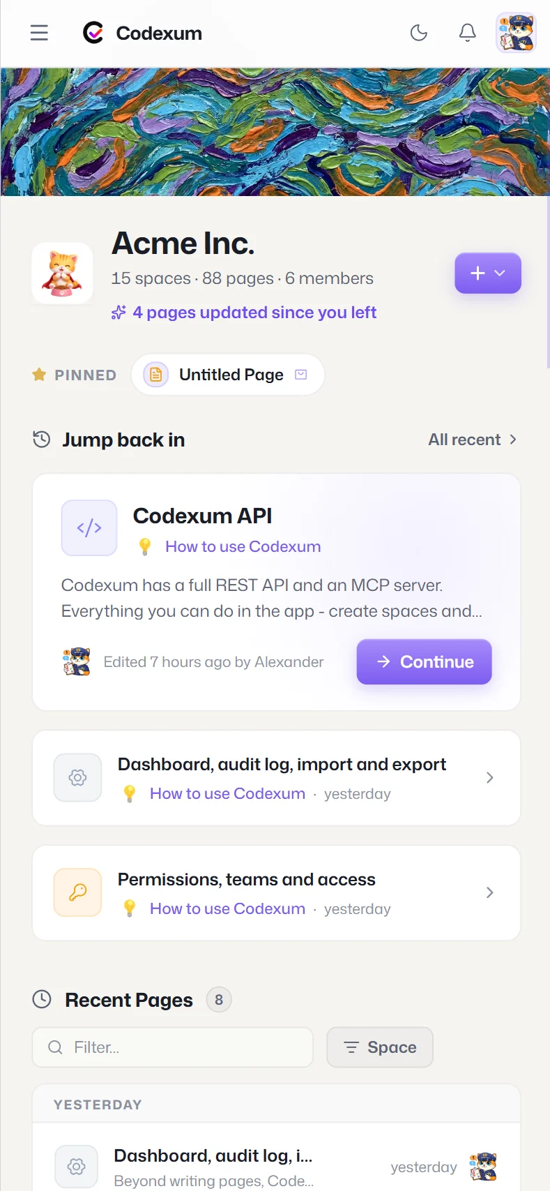 Codexum on a phone - the workspace home on mobile