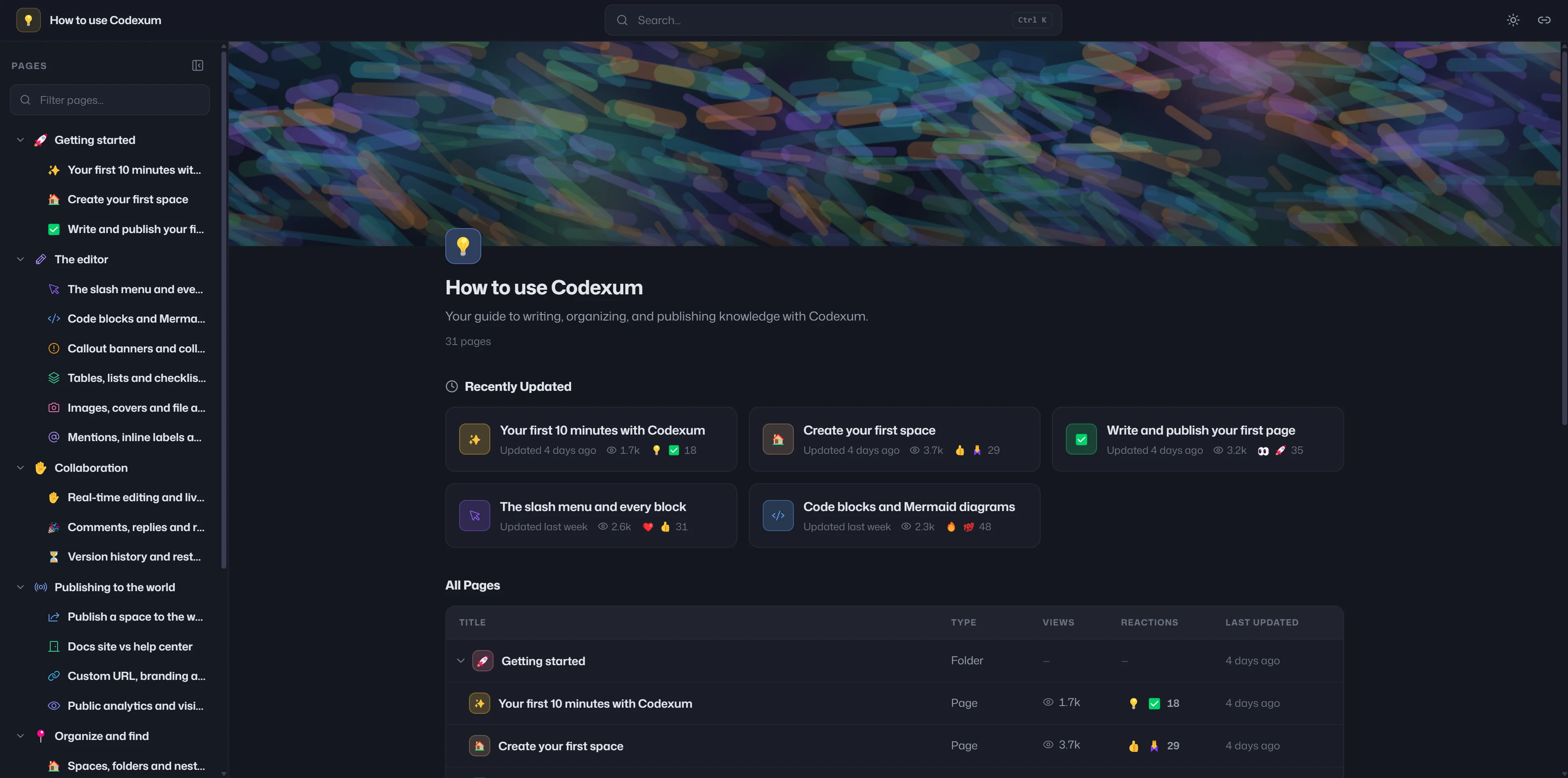 A live Codexum public docs site in dark theme