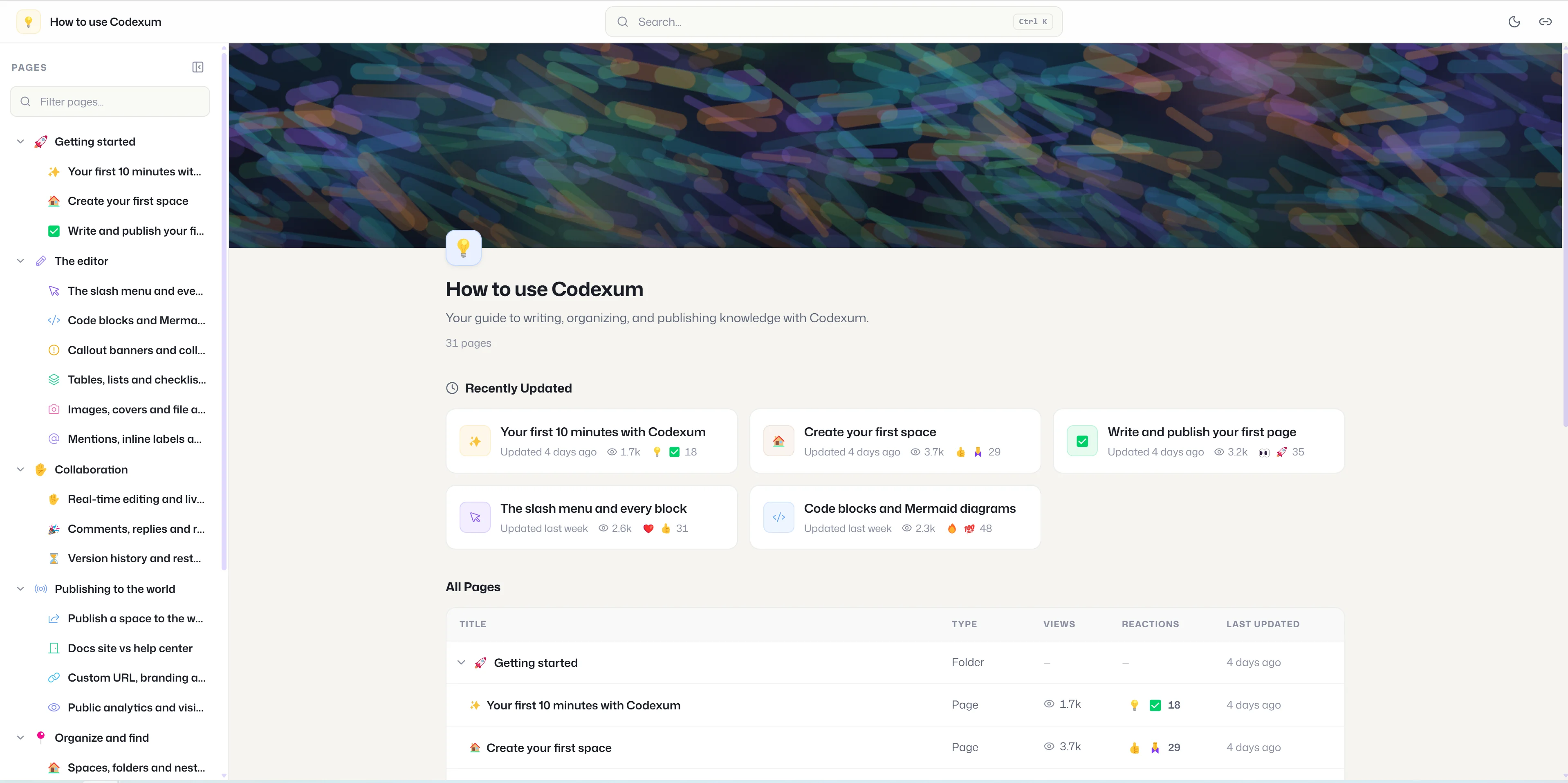 A live Codexum public docs site, published from a single space