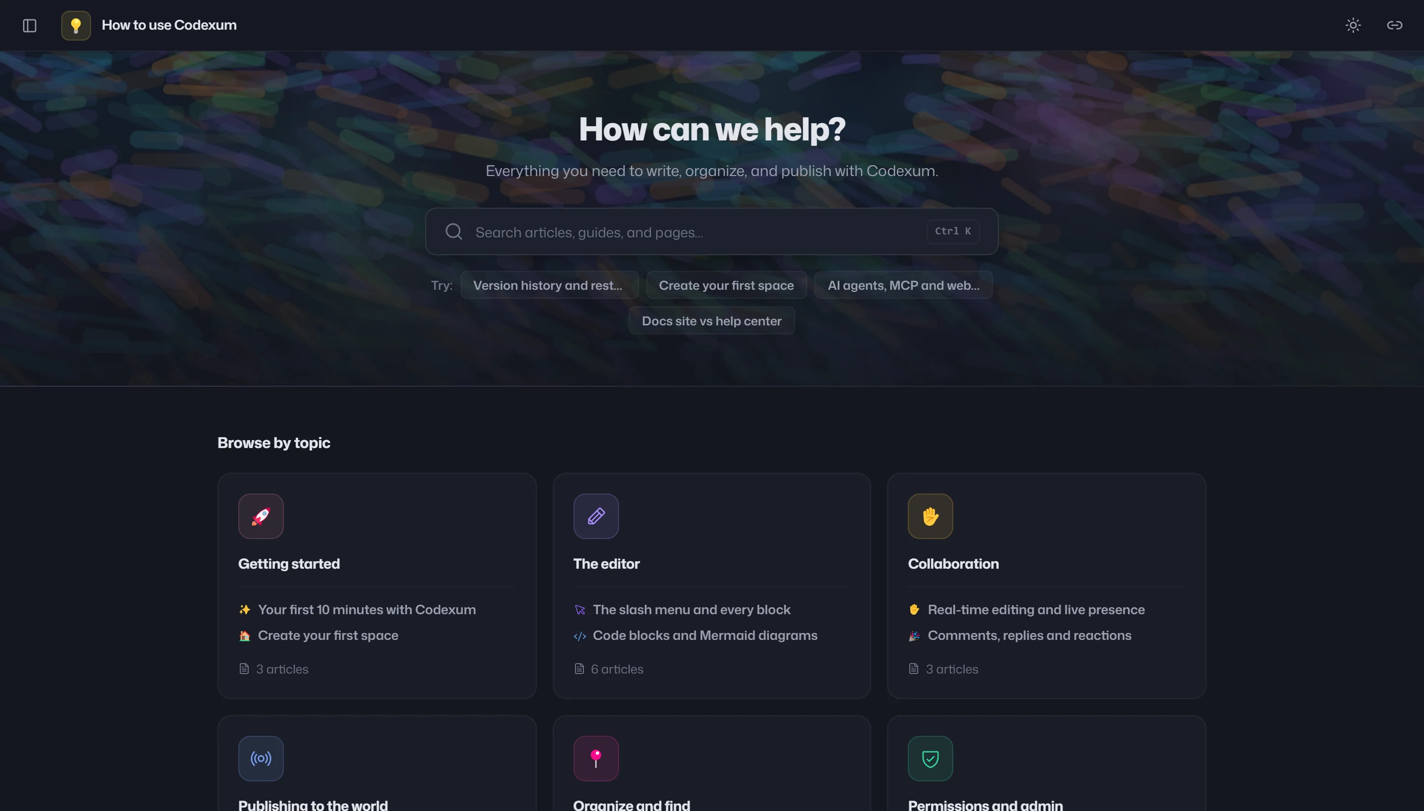 A live Codexum public help center in dark theme
