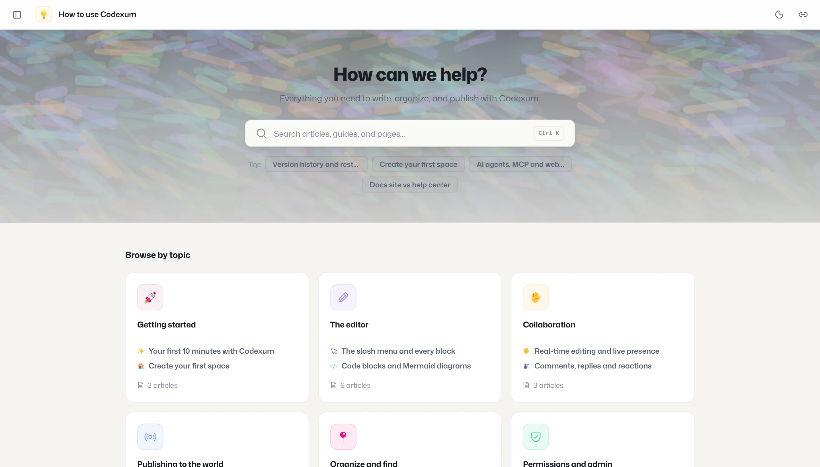 A live Codexum public help center, published from a single space