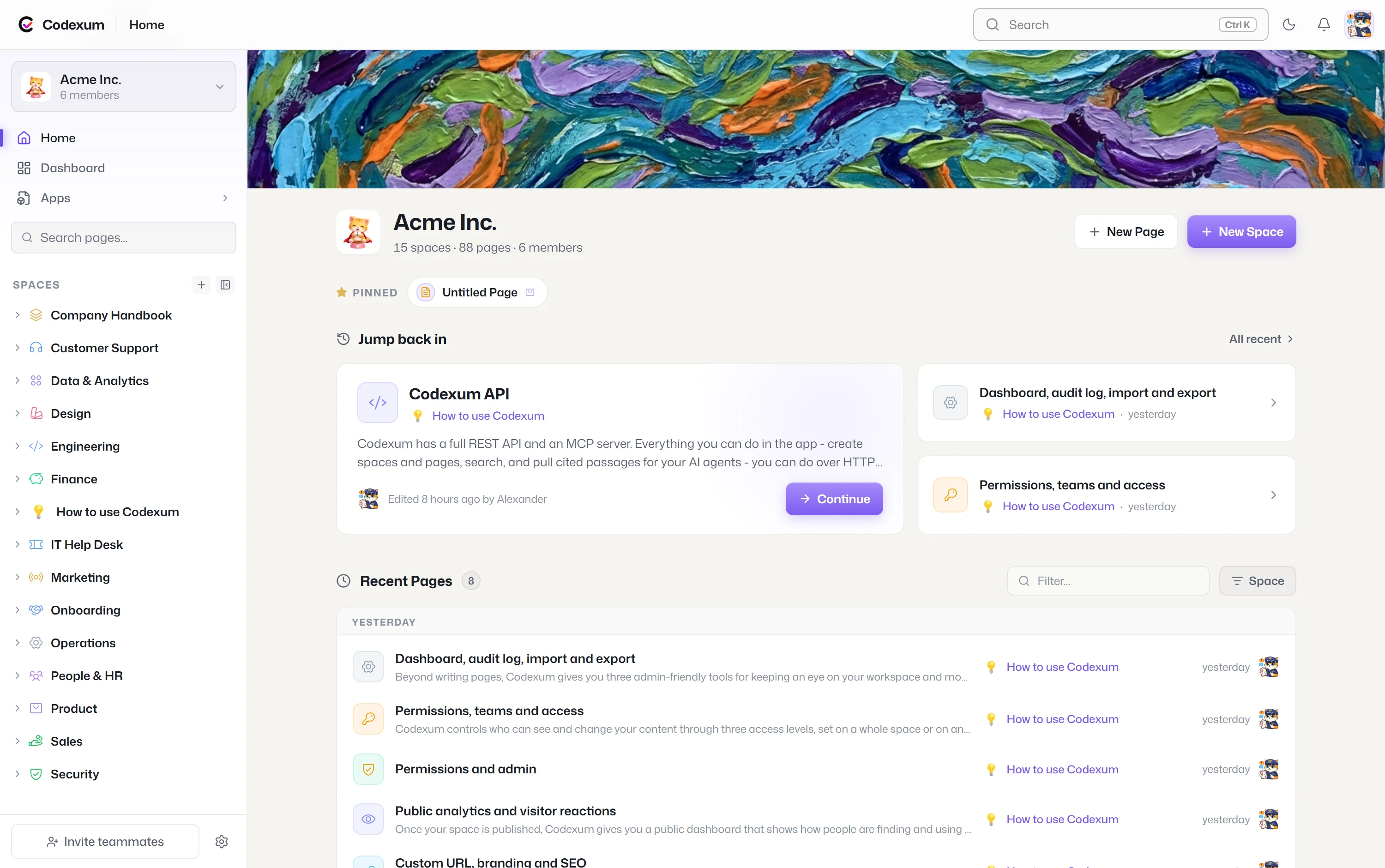 A Codexum workspace home from the inside - 15 spaces in the sidebar, jump-back-in shortcuts and recent pages